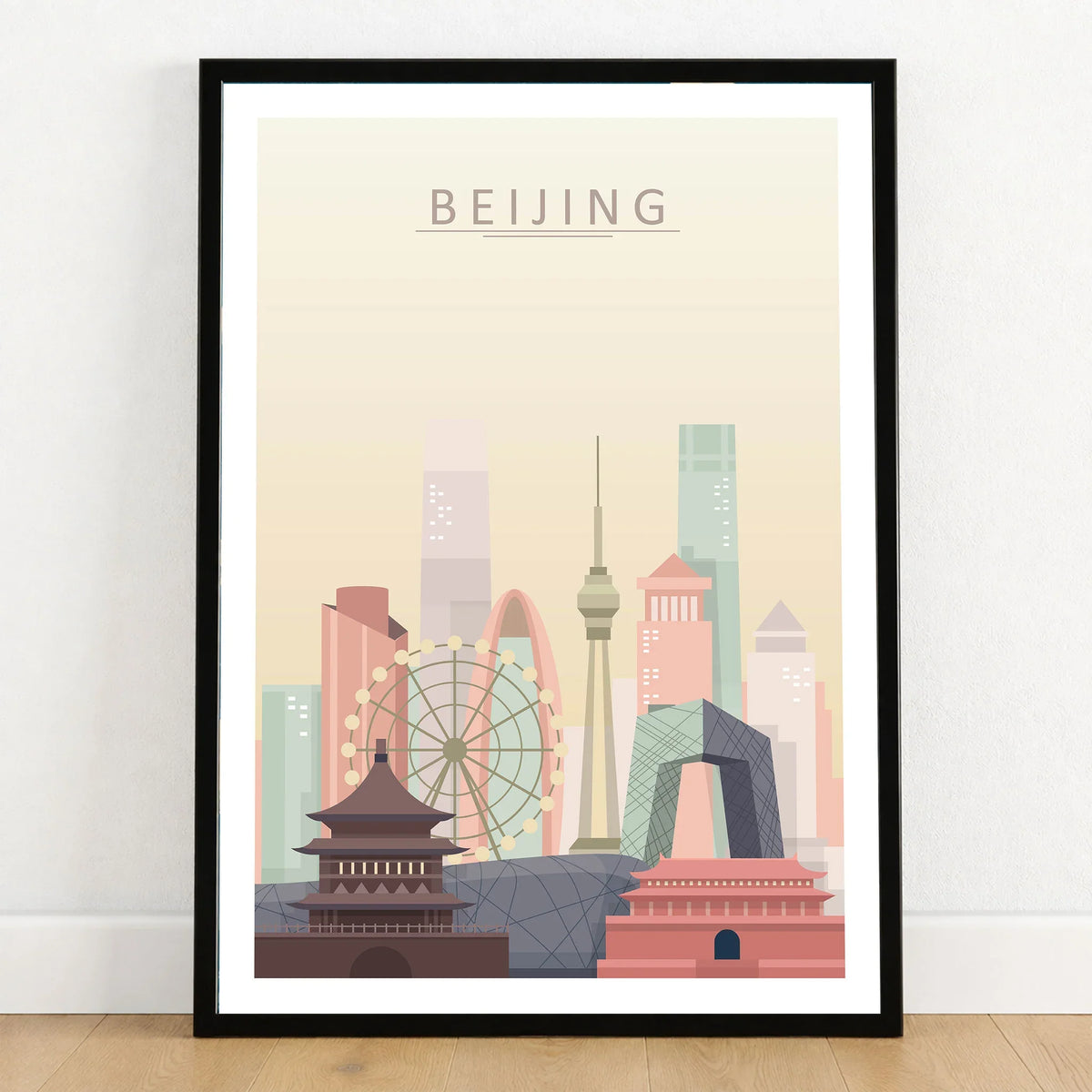 Beijing city skyline art print in a black frame on a wooden floor