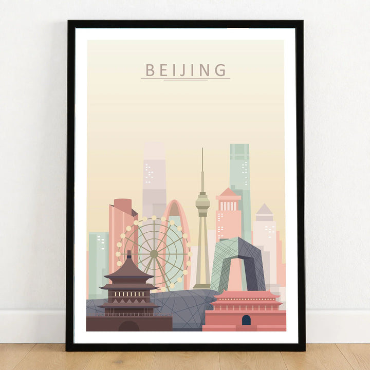 Beijing city skyline art print in a black frame on a wooden floor