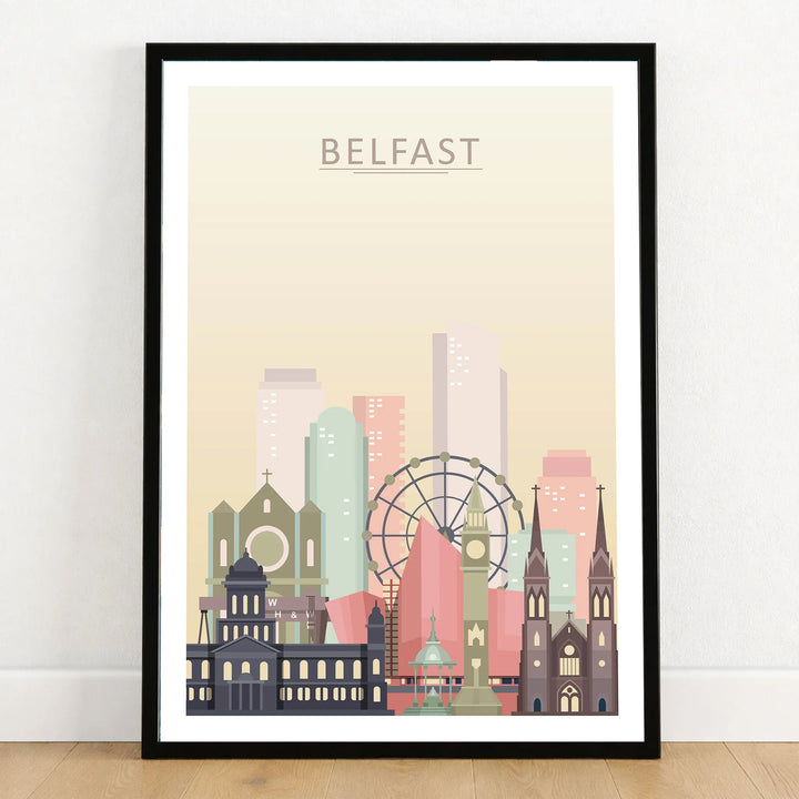 Belfast city skyline art print in a black frame on a wooden floor