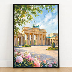 Berlin Brandenburg Gate watercolour art print in a black frame on a wooden floor