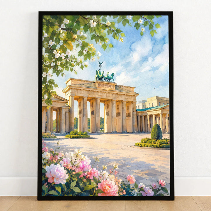 Berlin Brandenburg Gate watercolour art print in a black frame on a wooden floor