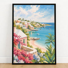 Bermuda pastel cottages and turquoise bay watercolour art print in a black frame on a wooden floor