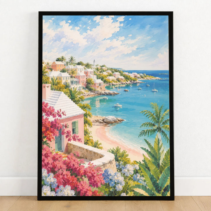 Bermuda pastel cottages and turquoise bay watercolour art print in a black frame on a wooden floor