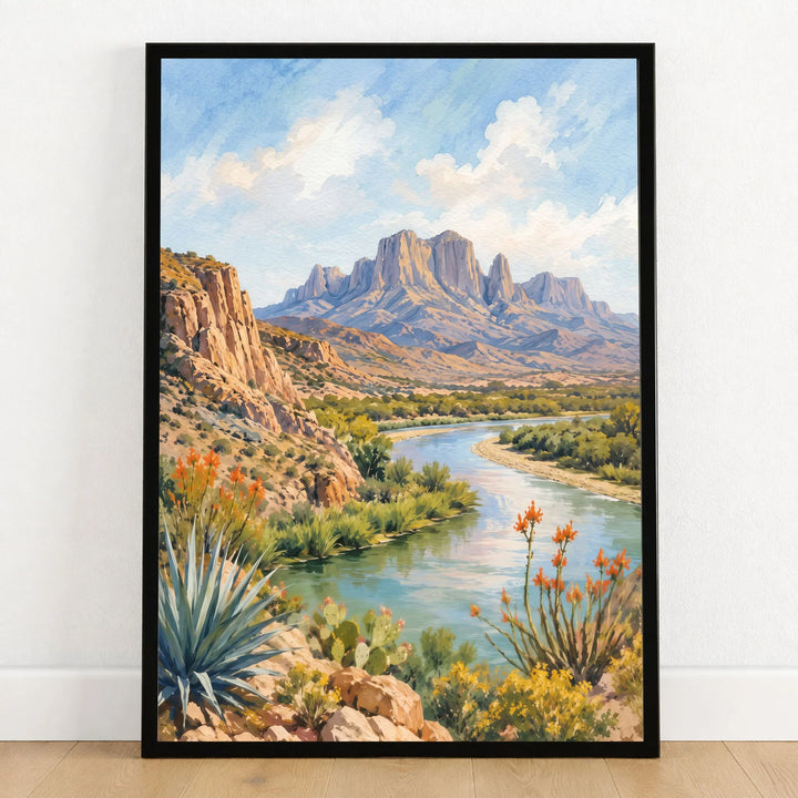 Big Bend National Park Rio Grande and Chisos Mountains watercolour art print in a black frame on a wooden floor