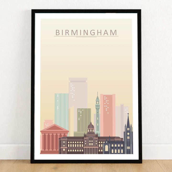 Birmingham city skyline art print in a black frame on a wooden floor
