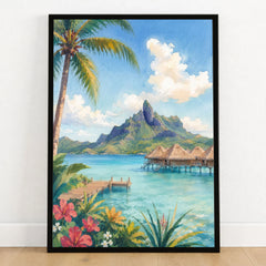 Bora Bora overwater bungalows and Mount Otemanu watercolour art print in a black frame on a wooden floor