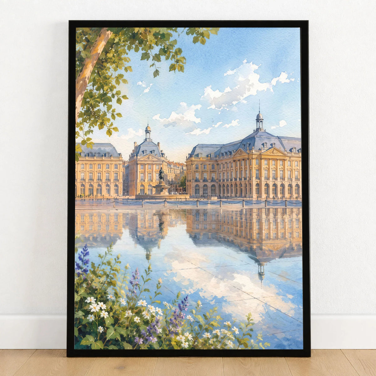 Bordeaux Place de la Bourse water mirror watercolour art print in a black frame on a wooden floor