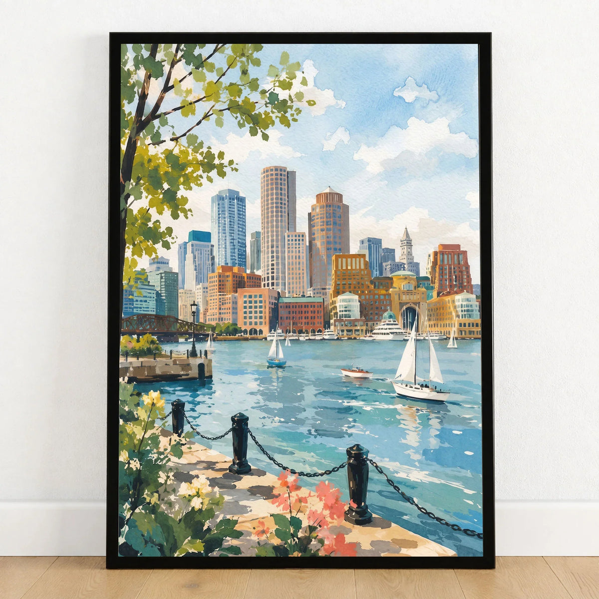 Boston harbour skyline with sailboats watercolour art print in a black frame on a wooden floor