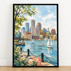 Boston harbour skyline with sailboats watercolour art print in a black frame on a wooden floor