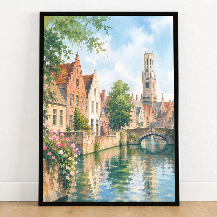 Bruges canal and Belfry tower watercolour art print in a black frame on a wooden floor