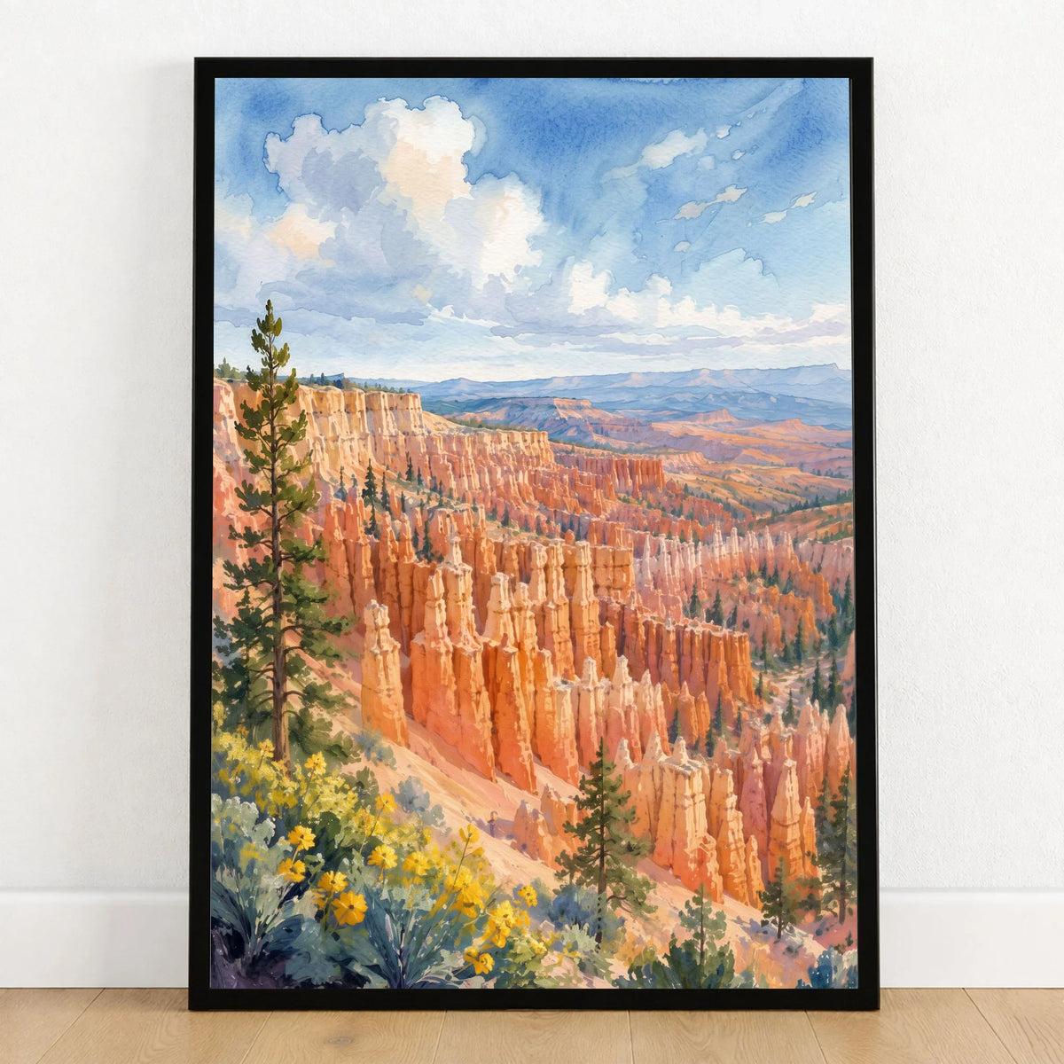 Bryce Canyon National Park hoodoo amphitheatre watercolour art print in a black frame on a wooden floor
