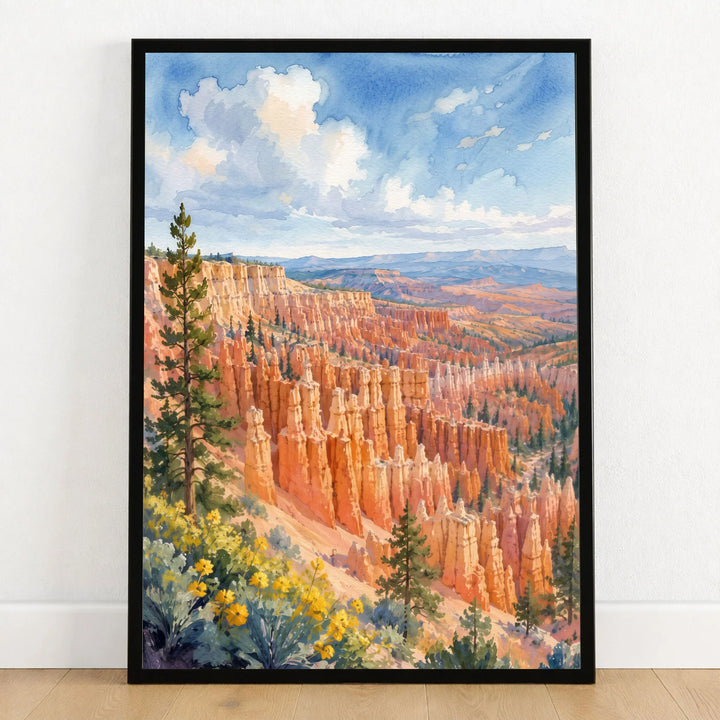 Bryce Canyon National Park hoodoo amphitheatre watercolour art print in a black frame on a wooden floor