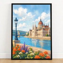 Budapest Parliament on the Danube watercolour art print in a black frame on a wooden floor