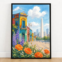 Buenos Aires La Boca houses and the Obelisco watercolour art print in a black frame on a wooden floor