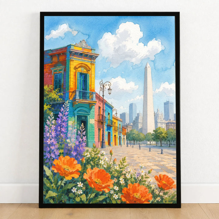 Buenos Aires La Boca houses and the Obelisco watercolour art print in a black frame on a wooden floor