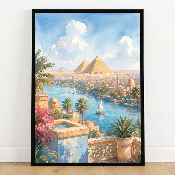 Cairo Pyramids of Giza and the Nile watercolour art print in a black frame on a wooden floor