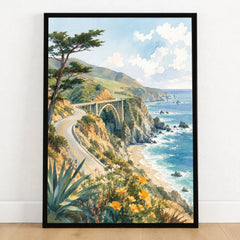 Big Sur Bixby Bridge on the coast watercolour art print in a black frame on a wooden floor