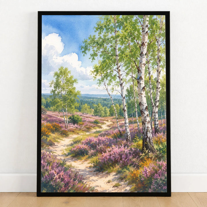 Cannock Chase silver birch and heather path watercolour art print in a black frame on a wooden floor