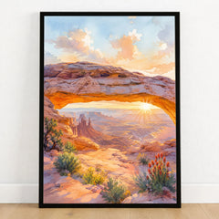 Canyonlands National Park Mesa Arch at sunrise watercolour art print in a black frame on a wooden floor