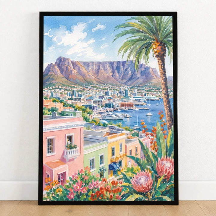 Cape Town Table Mountain and colourful houses watercolour art print in a black frame on a wooden floor
