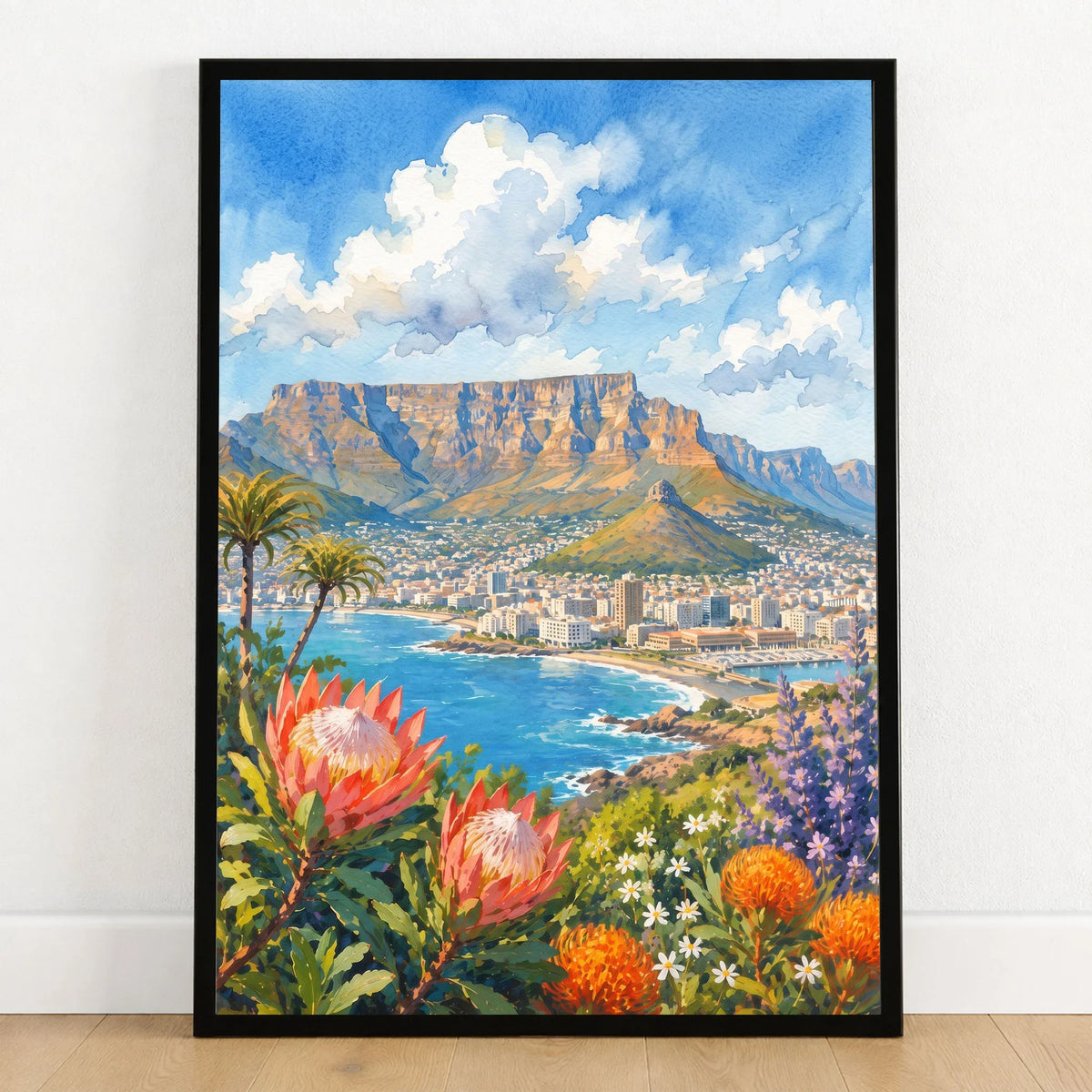 Cape Town Table Mountain bay with proteas watercolour art print in a black frame on a wooden floor