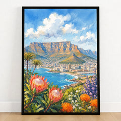 Cape Town Table Mountain bay with proteas watercolour art print in a black frame on a wooden floor