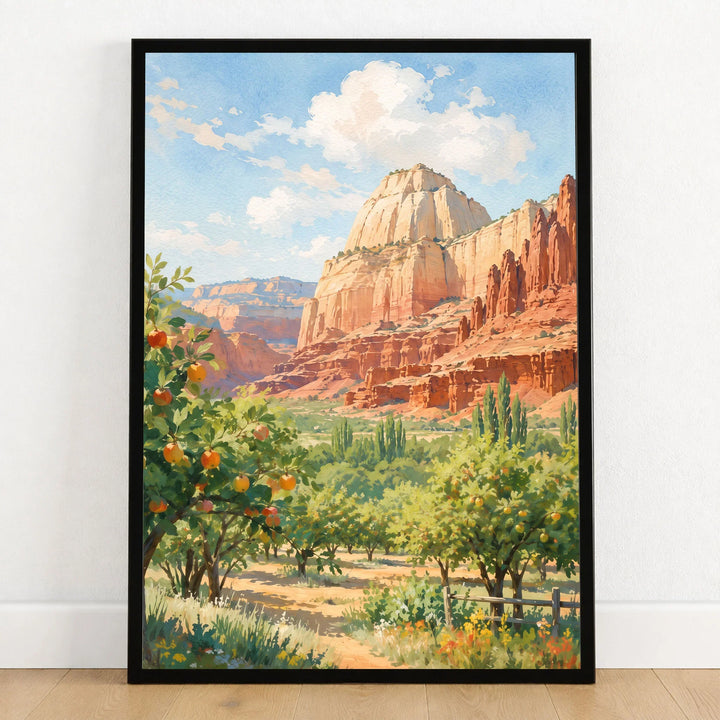 Capitol Reef National Park Fruita orchards and cliffs watercolour art print in a black frame on a wooden floor