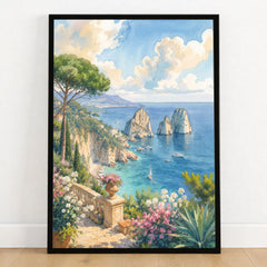 Capri Faraglioni rocks watercolour art print in a black frame on a wooden floor