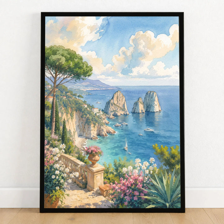 Capri Faraglioni rocks watercolour art print in a black frame on a wooden floor