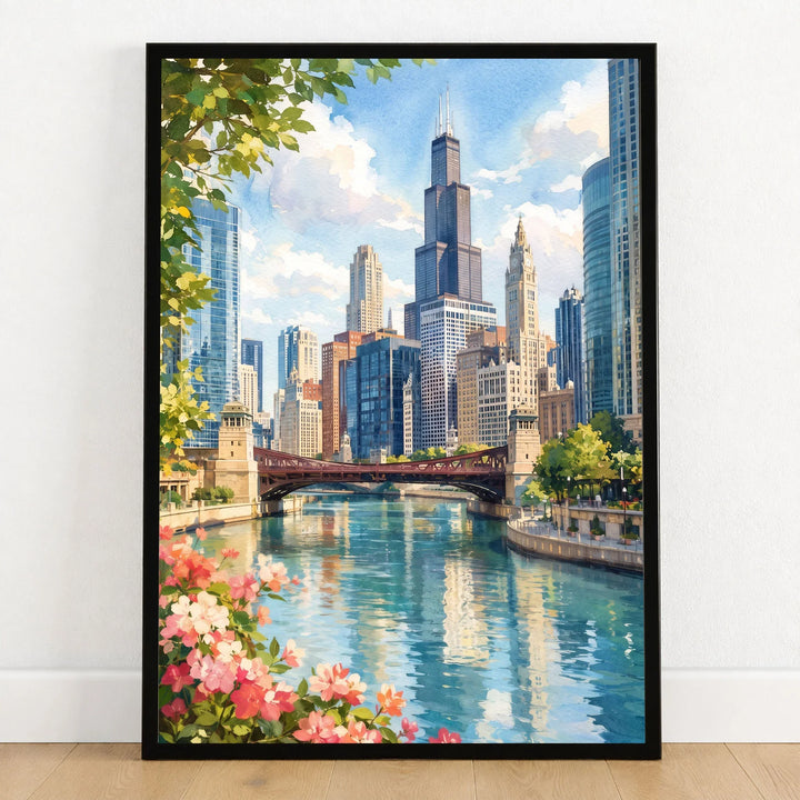 Chicago river and skyline watercolour art print in a black frame on a wooden floor