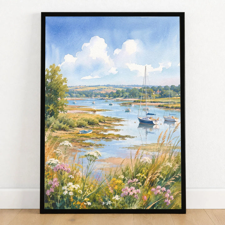 Chichester Harbour sailing boats in the harbour watercolour art print in a black frame on a wooden floor