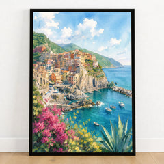 Cinque Terre Manarola cliff village watercolour art print in a black frame on a wooden floor