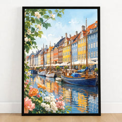 Copenhagen Nyhavn harbour houses watercolour art print in a black frame on a wooden floor