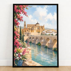Córdoba Roman bridge and Mezquita watercolour art print in a black frame on a wooden floor