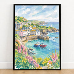 Cornwall harbour, fishing boats and lighthouse watercolour art print in a black frame on a wooden floor