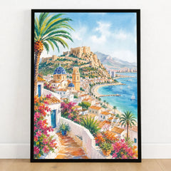 Costa Blanca Altea blue-domed church and coast watercolour art print in a black frame on a wooden floor