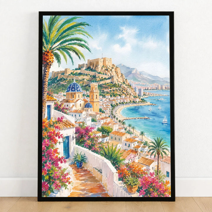 Costa Blanca Altea blue-domed church and coast watercolour art print in a black frame on a wooden floor