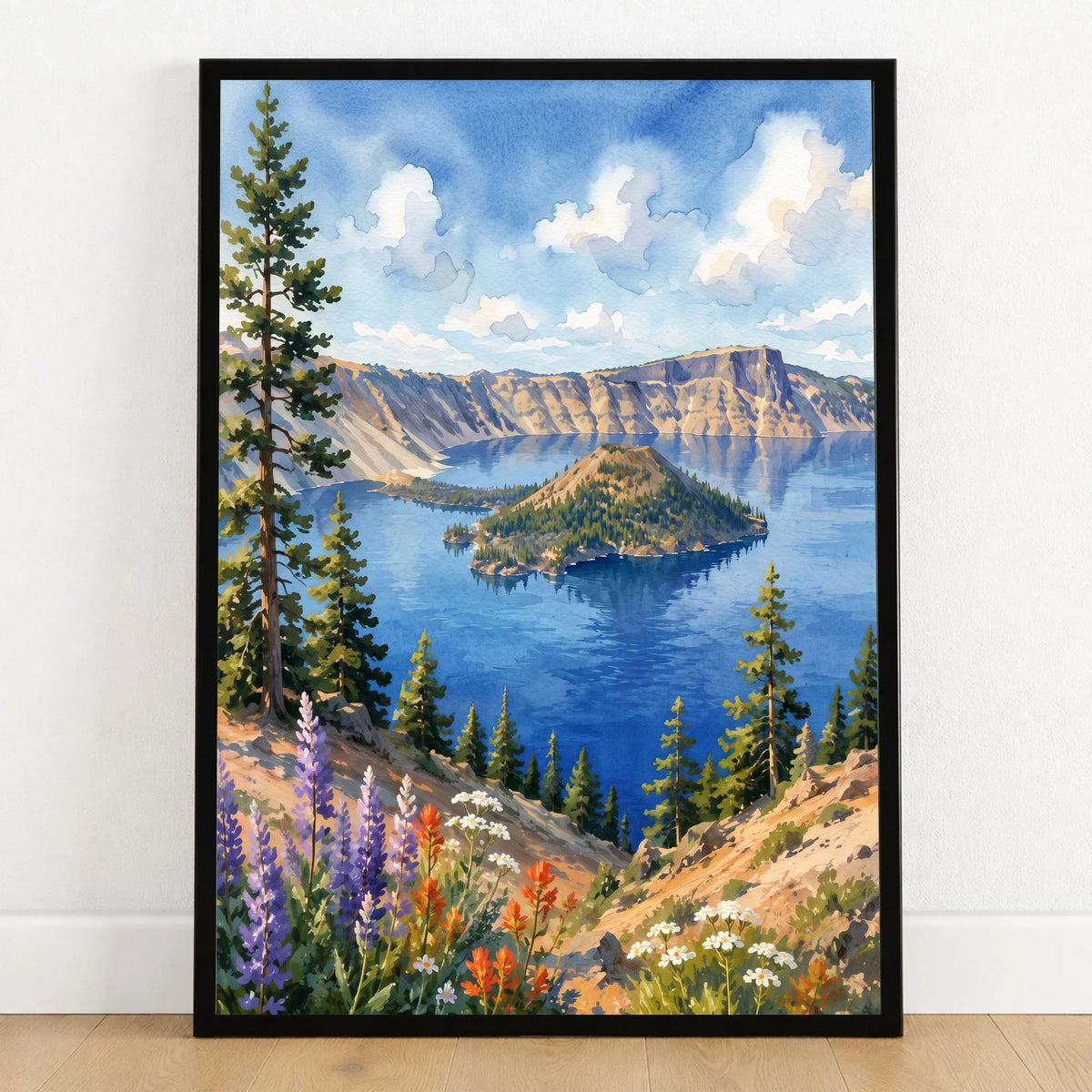 Crater Lake National Park Wizard Island in the deep blue lake watercolour art print in a black frame on a wooden floor
