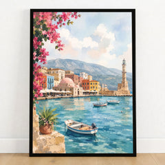 Crete Chania Venetian harbour and lighthouse watercolour art print in a black frame on a wooden floor
