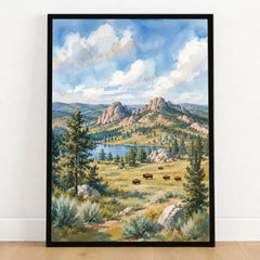 Custer State Park bison grazing below the Black Hills watercolour art print in a black frame on a wooden floor