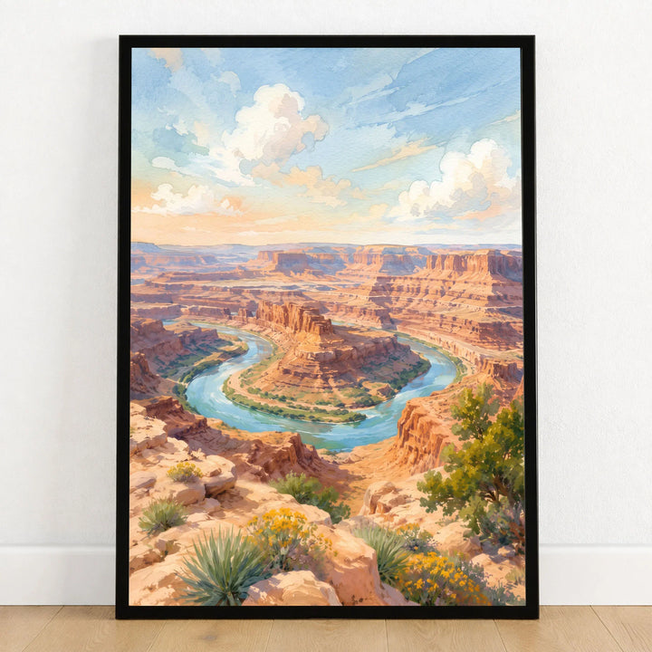 Dead Horse Point State Park Colorado River gooseneck watercolour art print in a black frame on a wooden floor