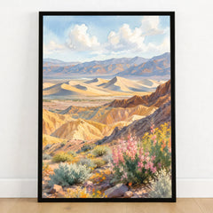 Death Valley National Park sand dunes and golden hills watercolour art print in a black frame on a wooden floor