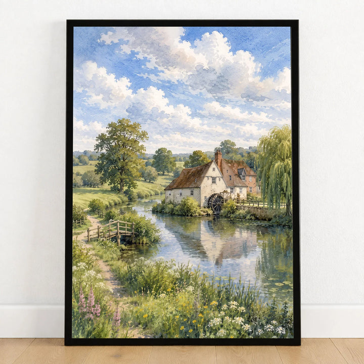 Dedham Vale watermill on the river watercolour art print in a black frame on a wooden floor
