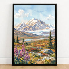 Denali National Park snow-capped Denali peak watercolour art print in a black frame on a wooden floor