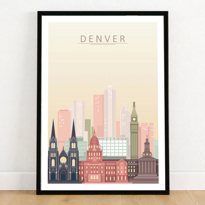 Denver city skyline art print in a black frame on a wooden floor