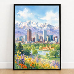 Denver skyline and Rocky Mountains watercolour art print in a black frame on a wooden floor