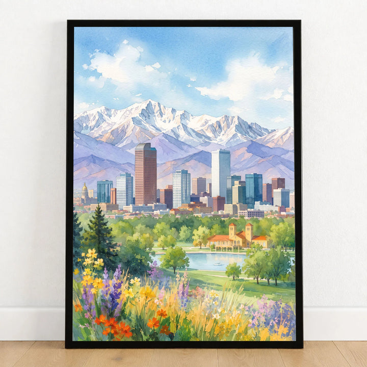 Denver skyline and Rocky Mountains watercolour art print in a black frame on a wooden floor