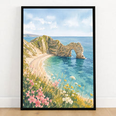 Dorset Durdle Door arch and beach watercolour art print in a black frame on a wooden floor