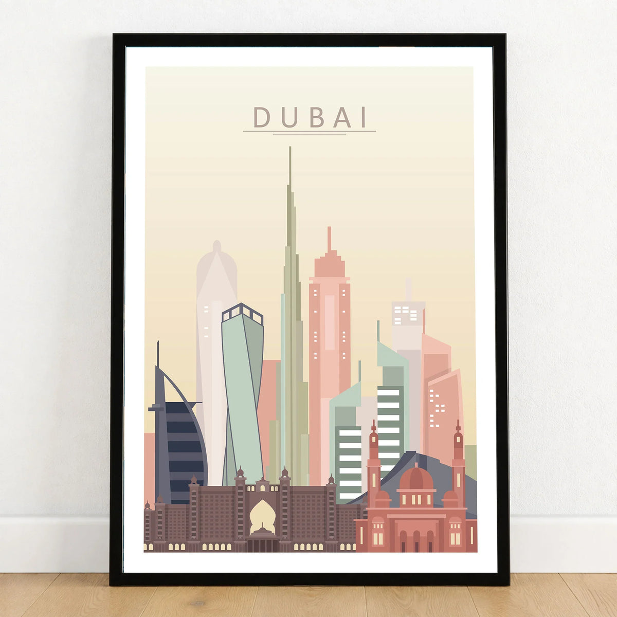 Dubai city skyline art print in a black frame on a wooden floor