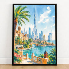 Dubai Burj Khalifa skyline watercolour art print in a black frame on a wooden floor